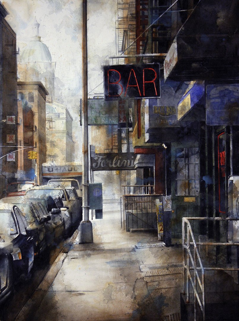 Tim Saternow, BAR, Baxter Street (watercolor and cold wax on paper, 33” x 25”), William Scott Gallery